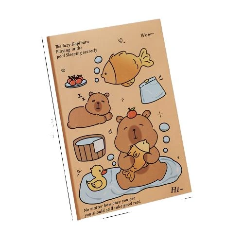 These adorable softcover notebooks adopt eco friendly soft paper covers printed with varied lovely kawaii capybara cartoon illustrations. It applies durable sewn in stitching binding for flat open writing. Premium thick lined inner pages prevent ink bleed and deliver smooth handwriting experience. Multiple distinctive cartoon cover options are available. Compact lightweight build makes it suitable for school coursework, daily note taking and pocket carrying. Custom printed logo and pattern service is supported. Ideal for student stationery, cute souvenir gifts and large volume wholesale orders.