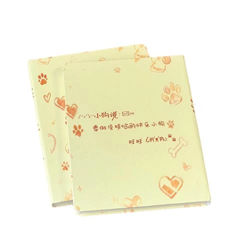 These lovely softcover notebooks adopt delicate water color puppy printed covers decorated with dog paw prints, hearts and bone patterns. Built in durable sew on stitch binding enables the notebook to lie fully flat when writing. The cream colored lined inner pages come with date and memo entry area, delivering smooth writing performance and ink proof property. Custom made cover printing, brand logo hot stamping service are supported. This adorable pet style notebook fits for daily diary keeping, school notes, travel logs and gift giving, suitable for stationery bulk wholesale orders.