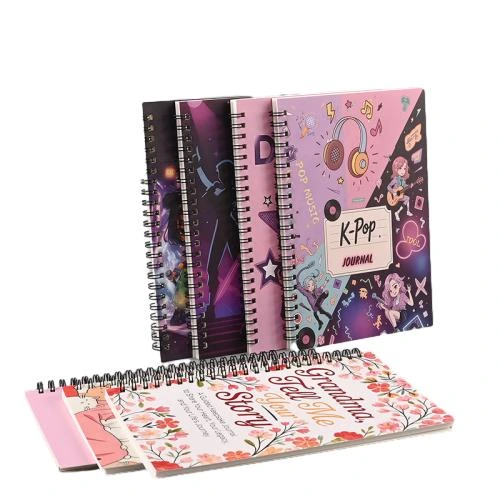 This assortment of metal double ring spiral notebooks supplies abundant fashionable printed cover selections, covering K pop music cartoon patterns, floral inspirational text, lovely pet illustrations and teacher themed artwork. The sturdy metal spiral binding supports 180° flat opening writing. Premium thick lined inner pages resist ink leakage. Custom printed cover graphics, slogan customization and brand logo imprinting are supported, well suited for teen fans, student note taking, daily journals, souvenir notebooks and holiday gift stock for wholesale purchase.