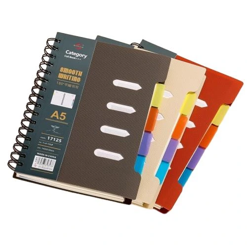 This tab divider spiral bound notebook is available with A5 and B5 two mainstream sizes and assorted matte solid colour outer covers. Equipped with four piece colourful index tabs for quick access file classification, the sturdy metal double ring coil binding supports 180° flat open writing. The premium thick lined inner pages deliver smooth handwriting performance and resist ink smudging. Custom printed cover patterns and brand logo service are offered, well suited for workplace planning, school subject note taking, daily memo keeping and large scale wholesale purchase.