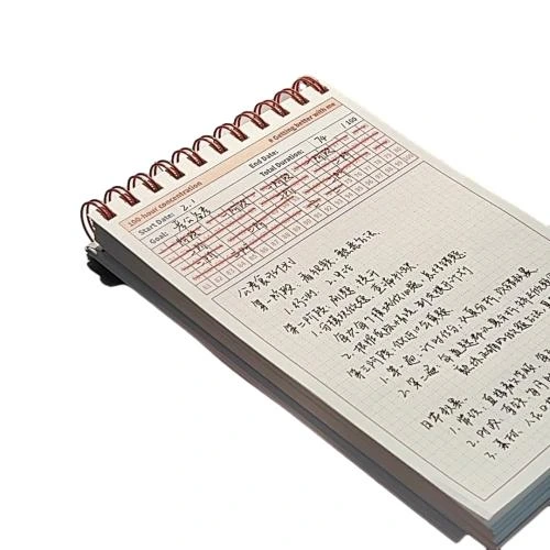 This top coil spiral bound study planner notebook adopts eye catching red metal wire o binding. The outer cover is printed with inspirational 10000 HOURS slogan. Its specially designed interior features grid paper and dedicated timing tracking tables for recording study cycles, daily goals and progress arrangements. Thick smooth writing grid style pages resist ink bleed through. Custom printed cover patterns and brand logo services are available. It suits student exam preparation, habit cultivation, daily task scheduling and large batch wholesale procurement.