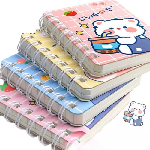 This compact spiral bound pocket notebook comes with assorted lovely cartoon covers including capybara and milk tea bear patterns. Sturdy durable metal double coil binding permits flat out page flipping. Premium thick lined inner pages deliver smooth handwriting and guard against ink leakage. The lightweight handheld friendly size is convenient for pockets and bags. Custom cover prints and brand logo imprinting are supported, well suited for student daily notes, pocket memos, stationery gifts and wholesale orders.