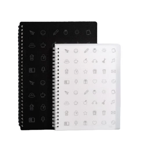 This metal coil spiral bound notebook comes in black and white cover options printed with delicate outlined lifestyle icons like paper planes, smiley faces and stationery motifs. Built in multicolored index divider tabs help you classify records conveniently. Sturdy double spiral metal binding enables 360 degree page flipping without snagging. The thick ink resistant lined pages prevent ink penetration. Ideal for student coursework notes, daily planners, workplace memos and travel journals. Custom cover prints and brand logo stamping are supported for bulk wholesale orders.