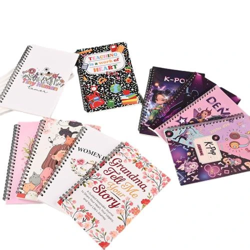 This assortment of metal double ring spiral notebooks supplies abundant fashionable printed cover selections, covering K pop music cartoon patterns, floral inspirational text, lovely pet illustrations and teacher themed artwork. The sturdy metal spiral binding supports 180° flat opening writing. Premium thick lined inner pages resist ink leakage. Custom printed cover graphics, slogan customization and brand logo imprinting are supported, well suited for teen fans, student note taking, daily journals, souvenir notebooks and holiday gift stock for wholesale purchase.