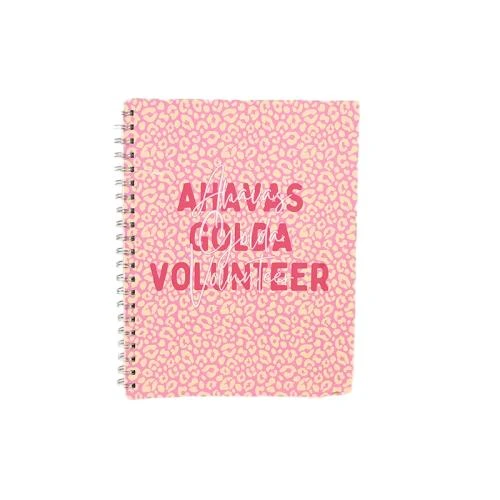 This two style metal wire o spiral notebook set features trendy pink leopard skin custom slogan cover and boho sunflower inspirational quote printed cover. The durable double loop metal spiral binding permits 180 degree flat open writing. Premium thick lined inner sheets prevent ink bleed. Custom cover artwork, personalized volunteer group text and brand logo imprint are supported, suitable for volunteer event souvenirs, daily mood diaries, school stationery, activity give aways and bulk wholesale orders.