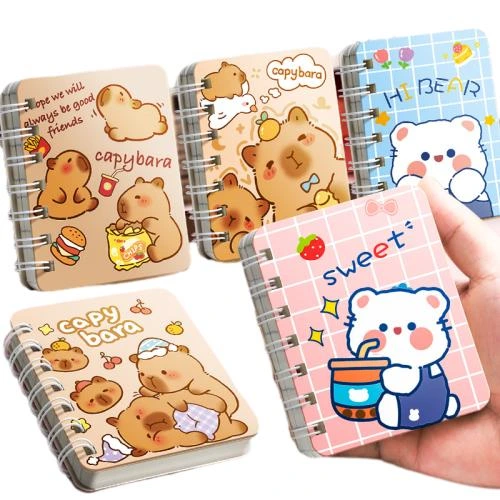 This compact spiral bound pocket notebook comes with assorted lovely cartoon covers including capybara and milk tea bear patterns. Sturdy durable metal double coil binding permits flat out page flipping. Premium thick lined inner pages deliver smooth handwriting and guard against ink leakage. The lightweight handheld friendly size is convenient for pockets and bags. Custom cover prints and brand logo imprinting are supported, well suited for student daily notes, pocket memos, stationery gifts and wholesale orders.