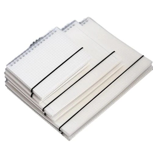 This minimalist spiral bound notebook adopts transparent PVC waterproof cover, durable metal double loop spiral binding and fixed black elastic strap to stop pages scattering. Multiple inner page options including lined paper, grid paper and dotted paper are available. Premium thick anti bleed white writing paper delivers smooth handwriting experience. Multiple dimension selections fit office paperwork, student note taking and daily planning. Custom printed logos and surface printing services are supported for retail and large scale wholesale.