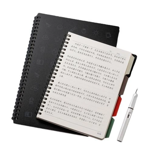 This metal coil spiral bound notebook comes in black and white cover options printed with delicate outlined lifestyle icons like paper planes, smiley faces and stationery motifs. Built in multicolored index divider tabs help you classify records conveniently. Sturdy double spiral metal binding enables 360 degree page flipping without snagging. The thick ink resistant lined pages prevent ink penetration. Ideal for student coursework notes, daily planners, workplace memos and travel journals. Custom cover prints and brand logo stamping are supported for bulk wholesale orders.