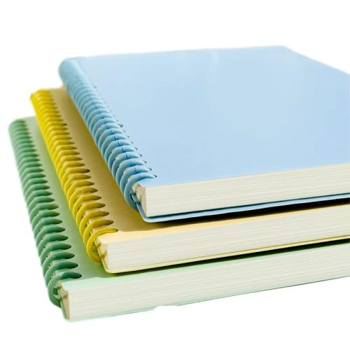 This plastic coil spiral bound notebook comes in multiple fresh macaron solid color matte covers including sky blue, mint green, soft yellow, pink and lavender. The lightweight smooth plastic spiral ring prevents scratch on hands and enables 180 degree flat opening. High density thick lined inner pages effectively stop ink bleed through. The simple blank cover supports customized printing, suitable for school note taking, workplace memorandums, study planning and daily records. Custom logos and personalized cover patterns are available for bulk wholesale orders.