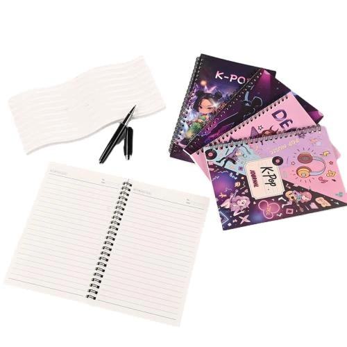 This assortment of metal double ring spiral notebooks supplies abundant fashionable printed cover selections, covering K pop music cartoon patterns, floral inspirational text, lovely pet illustrations and teacher themed artwork. The sturdy metal spiral binding supports 180° flat opening writing. Premium thick lined inner pages resist ink leakage. Custom printed cover graphics, slogan customization and brand logo imprinting are supported, well suited for teen fans, student note taking, daily journals, souvenir notebooks and holiday gift stock for wholesale purchase.