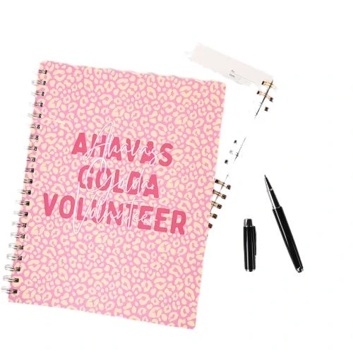 This two style metal wire o spiral notebook set features trendy pink leopard skin custom slogan cover and boho sunflower inspirational quote printed cover. The durable double loop metal spiral binding permits 180 degree flat open writing. Premium thick lined inner sheets prevent ink bleed. Custom cover artwork, personalized volunteer group text and brand logo imprint are supported, suitable for volunteer event souvenirs, daily mood diaries, school stationery, activity give aways and bulk wholesale orders.