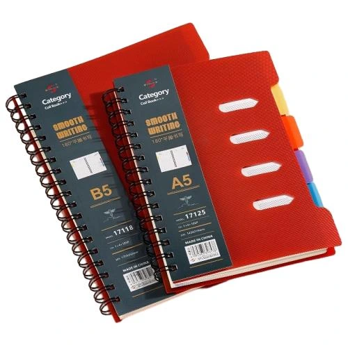 This tab divider spiral bound notebook is available with A5 and B5 two mainstream sizes and assorted matte solid colour outer covers. Equipped with four piece colourful index tabs for quick access file classification, the sturdy metal double ring coil binding supports 180° flat open writing. The premium thick lined inner pages deliver smooth handwriting performance and resist ink smudging. Custom printed cover patterns and brand logo service are offered, well suited for workplace planning, school subject note taking, daily memo keeping and large scale wholesale purchase.