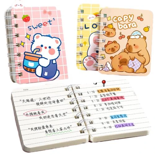 This compact spiral bound pocket notebook comes with assorted lovely cartoon covers including capybara and milk tea bear patterns. Sturdy durable metal double coil binding permits flat out page flipping. Premium thick lined inner pages deliver smooth handwriting and guard against ink leakage. The lightweight handheld friendly size is convenient for pockets and bags. Custom cover prints and brand logo imprinting are supported, well suited for student daily notes, pocket memos, stationery gifts and wholesale orders.
