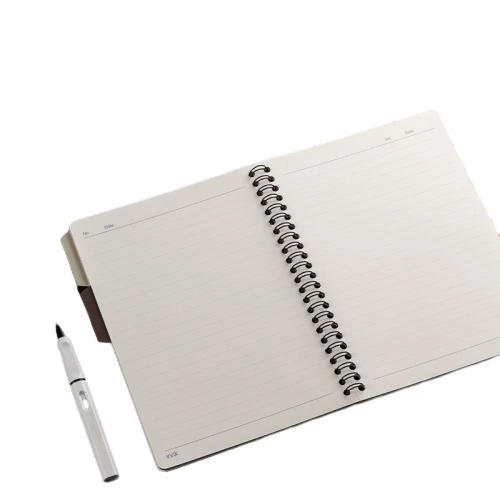 This metal coil spiral bound notebook comes in black and white cover options printed with delicate outlined lifestyle icons like paper planes, smiley faces and stationery motifs. Built in multicolored index divider tabs help you classify records conveniently. Sturdy double spiral metal binding enables 360 degree page flipping without snagging. The thick ink resistant lined pages prevent ink penetration. Ideal for student coursework notes, daily planners, workplace memos and travel journals. Custom cover prints and brand logo stamping are supported for bulk wholesale orders.