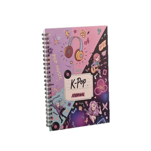 This assortment of metal double ring spiral notebooks supplies abundant fashionable printed cover selections, covering K pop music cartoon patterns, floral inspirational text, lovely pet illustrations and teacher themed artwork. The sturdy metal spiral binding supports 180° flat opening writing. Premium thick lined inner pages resist ink leakage. Custom printed cover graphics, slogan customization and brand logo imprinting are supported, well suited for teen fans, student note taking, daily journals, souvenir notebooks and holiday gift stock for wholesale purchase.