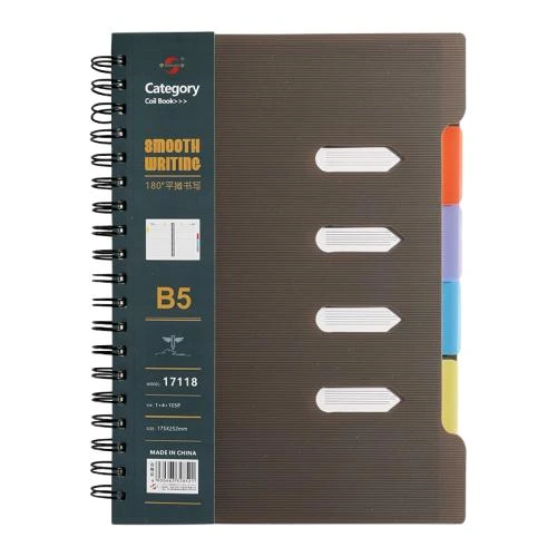 This tab divider spiral bound notebook is available with A5 and B5 two mainstream sizes and assorted matte solid colour outer covers. Equipped with four piece colourful index tabs for quick access file classification, the sturdy metal double ring coil binding supports 180° flat open writing. The premium thick lined inner pages deliver smooth handwriting performance and resist ink smudging. Custom printed cover patterns and brand logo service are offered, well suited for workplace planning, school subject note taking, daily memo keeping and large scale wholesale purchase.
