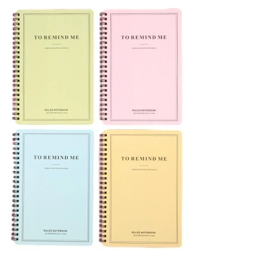 This minimalist spiral bound notebook comes in assorted soft macaron pastel toned covers with elegant letter printed surface. Durable black metal double coil binding enables convenient page flipping. Premium thick lined inner pages deliver silky smooth writing experience and prevent ink penetration. Custom made cover prints and brand logo imprint service are supported. It fits well for daily note taking, school coursework records, workplace memos, travel journals and bulk wholesale orders.