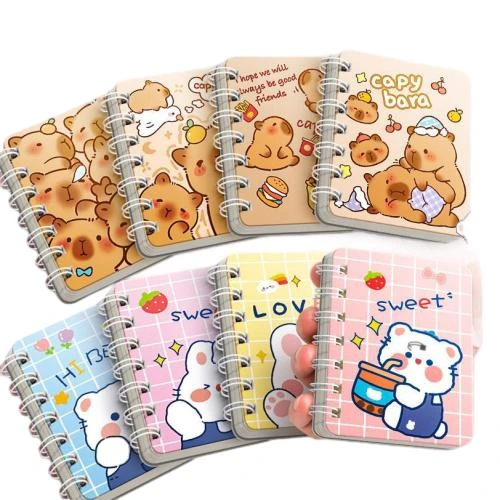 This compact spiral bound pocket notebook comes with assorted lovely cartoon covers including capybara and milk tea bear patterns. Sturdy durable metal double coil binding permits flat out page flipping. Premium thick lined inner pages deliver smooth handwriting and guard against ink leakage. The lightweight handheld friendly size is convenient for pockets and bags. Custom cover prints and brand logo imprinting are supported, well suited for student daily notes, pocket memos, stationery gifts and wholesale orders.