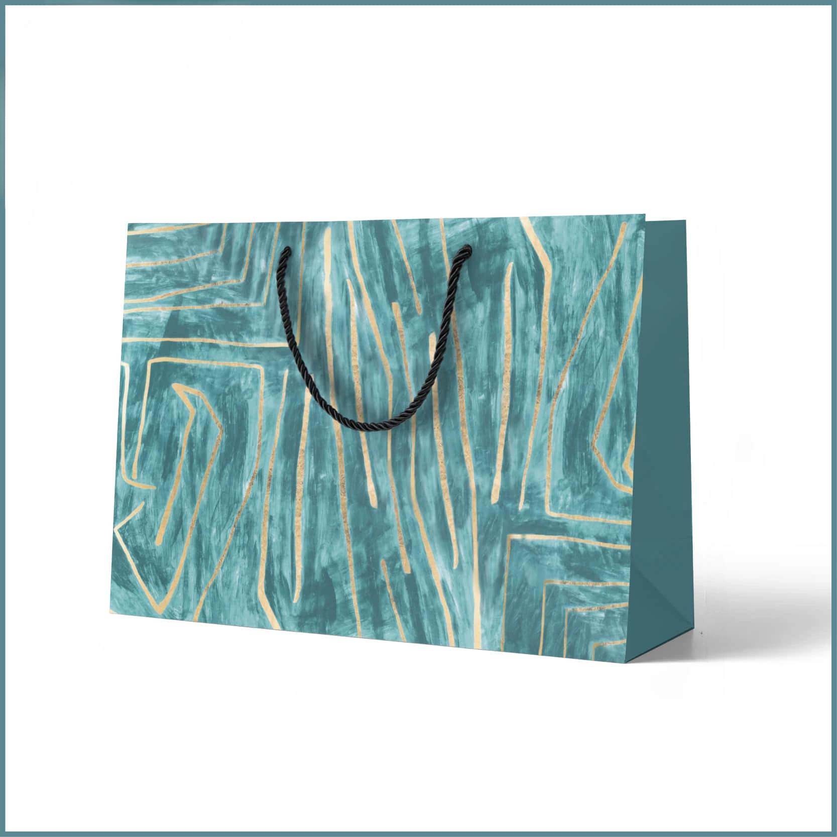 Special Craft Paper Bags feature stylish horizontal layout with teal base decorated with abstract hand painted texture and delicate gold foil geometric lines. Black twisted rope handle is fitted with metal eyelets for stable bearing capacity and comfortable grip. Thick rigid craft paper keeps the bag upright without deformation. High definition printing restores the artistic texture of the paint surface. We support custom bag size base color abstract artwork and brand logo printing. These artistic paper bags fit art brand packaging luxury gift sets fashion boutique shopping and festival present packing.