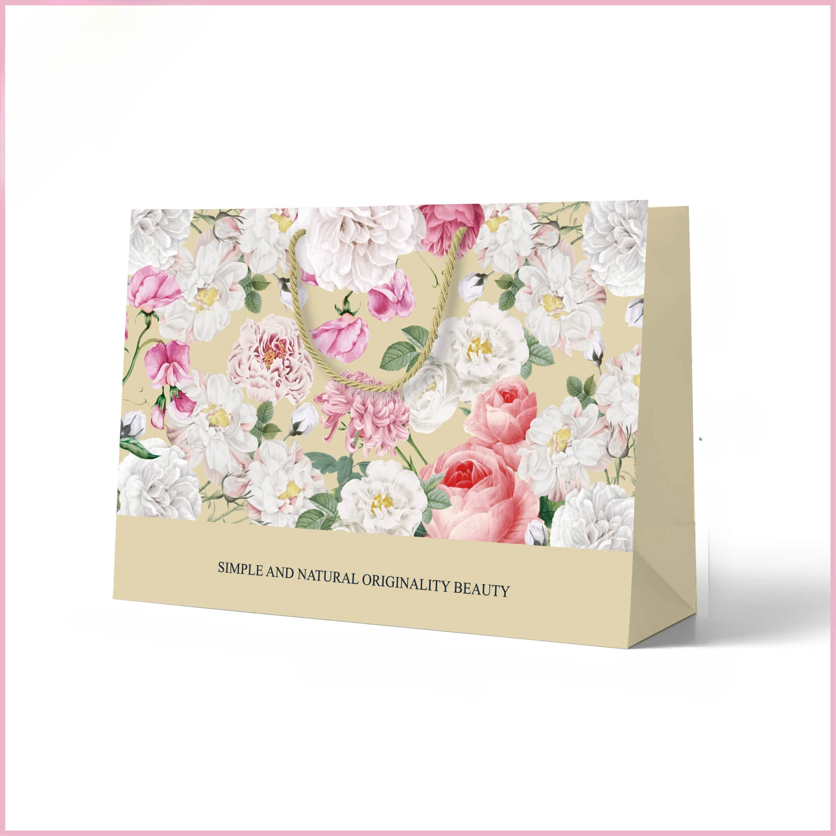 Special Craft Paper Bags feature delicate vintage botanical floral print on light beige base. It comes with sturdy twisted paper rope handle for easy carrying. The bottom section is printed with elegant slogan SIMPLE AND NATURAL ORIGINALITY BEAUTY. Thick premium craft paper keeps the bag rigid and holds shape well. Soft romantic floral design brings warm gentle atmosphere for gift giving. We support custom bag size base color floral artwork and brand logo. These paper bags are great for wedding gifts flower shop packing birthday presents and boutique retail shopping.