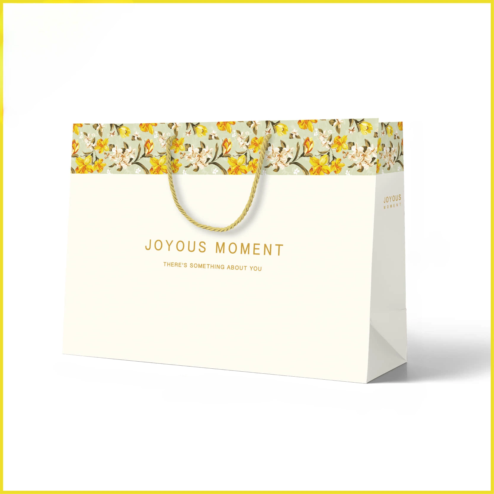Special Craft Paper Bags adopt clean off white main surface matched with yellow floral border on top. Golden twisted paper rope handle is sturdy and comfortable to hold. The bag is printed with delicate gold text JOYOUS MOMENT and auxiliary slogan. Thick premium craft paper keeps the bag rigid and maintains nice shape. The fresh floral design creates warm pleasant atmosphere for gift giving. We support custom bag size base color floral artwork and brand logo. These paper bags fit wedding gifts birthday presents flower shop packing and boutique retail shopping.