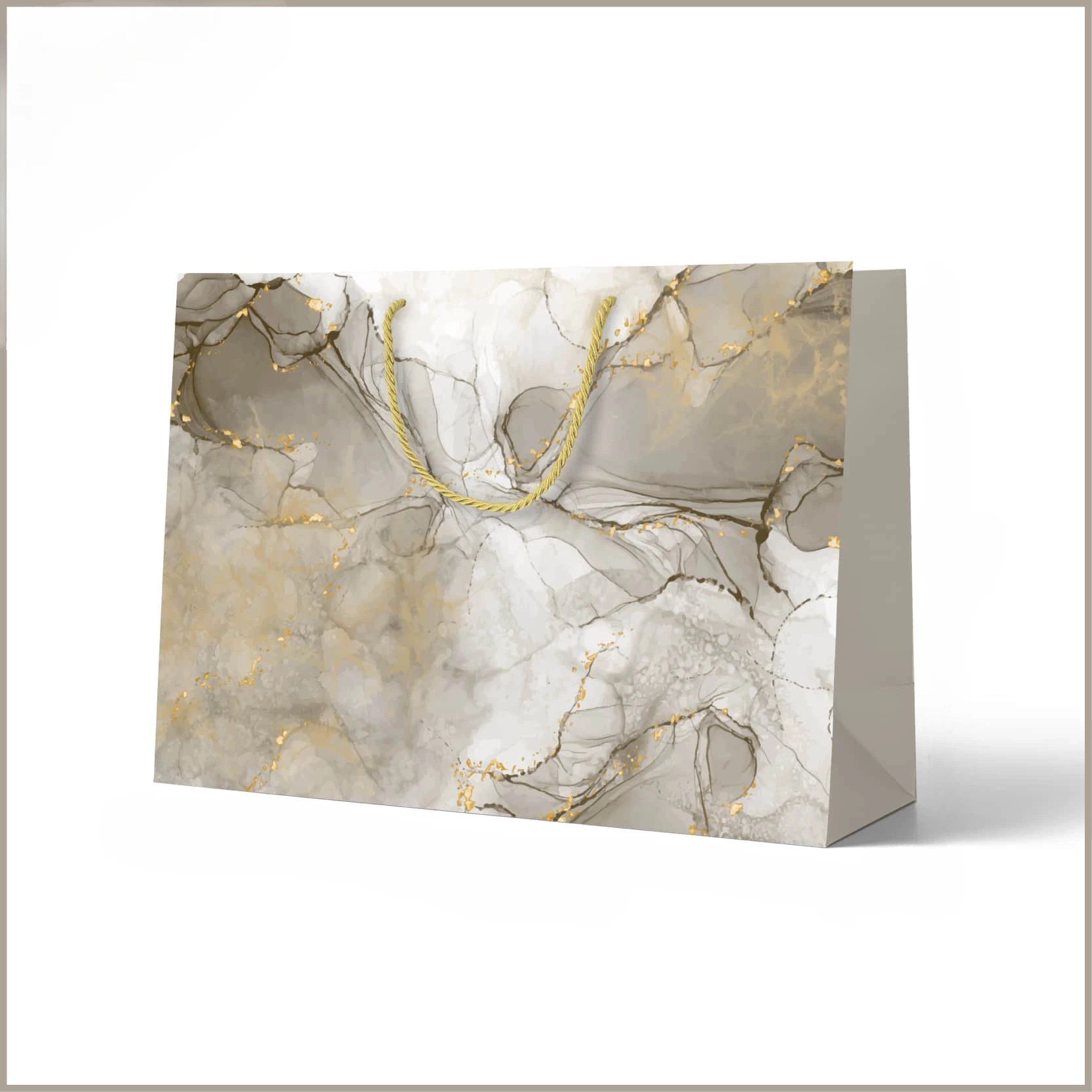 Special Craft Paper Bags feature artistic grey marble ink texture scattered with delicate golden foil speckles. Golden twisted paper rope handle is solid and comfortable to grip. Thick premium craft paper keeps the bag rigid and maintains neat shape. The luxury marble pattern delivers modern high grade texture for gift packaging. We support custom bag size base color marble artwork and brand logo. These paper bags are ideal for cosmetic store packing fashion boutique shopping anniversary gifts and luxury festival gift sets.