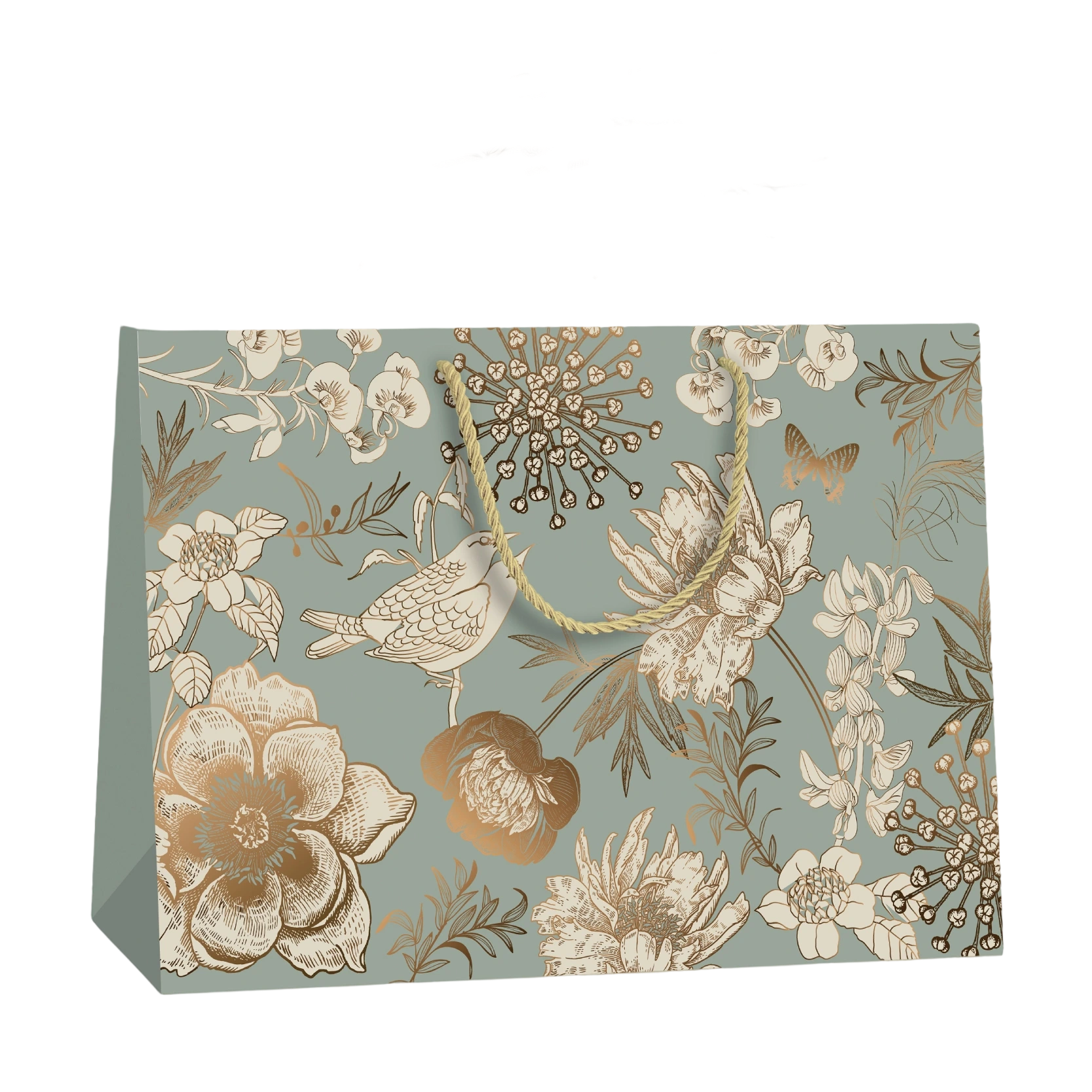 Special Craft Paper Bags feature exquisite vintage botanical artwork with flowers birds and butterflies on muted sage green base. Golden line illustration brings delicate retro charm. Thick twisted paper rope handle is strong and comfortable to carry. Premium thick craft paper keeps the bag rigid and maintains nice shape. The classical pattern adds elegant taste for gift giving scenarios. We support custom bag size base color artwork and brand logo. These paper bags work well for wedding gifts birthday presents flower shop packing and high end boutique retail shopping.