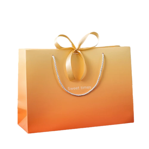 Special Craft Paper Bags feature beautiful orange yellow gradient paper surface printed with delicate Sweet times text. White twisted rope handles are sturdy and easy to carry. Golden satin bow ties on top to add warm festive atmosphere. Thick premium craft paper keeps the bag upright and maintains nice shape. Soft warm gradient tone brings gentle sweet feeling for gift giving. We support custom bag size gradient color text and brand logo. These paper bags fit dessert shop gifts birthday presents cosmetic packaging wedding favors and holiday gift sets.