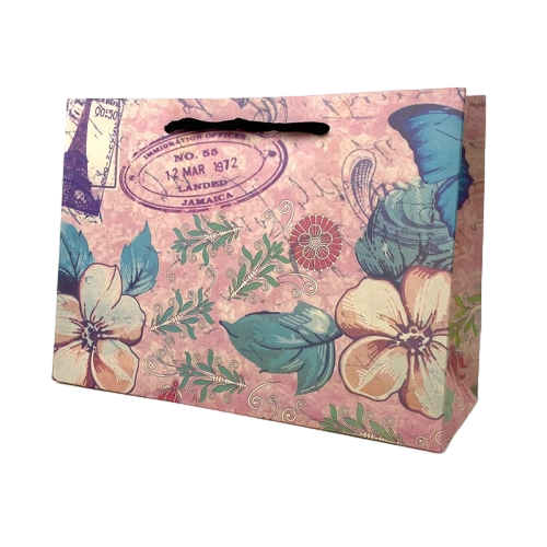 Special Craft Paper Bags feature delicate vintage design with mixed elements of blooming flowers leaves postmark stamps and Eiffel Tower pattern on soft pink background. Black twisted rope handles are firmly attached for comfortable hand holding. Thick premium craft paper maintains the bag shape nicely. The retro artistic print creates unique nostalgic atmosphere for gift giving. We support custom size custom artwork and custom logo printing. These bags work great for handmade items souvenir gifts birthday presents wedding favors and boutique retail packaging.