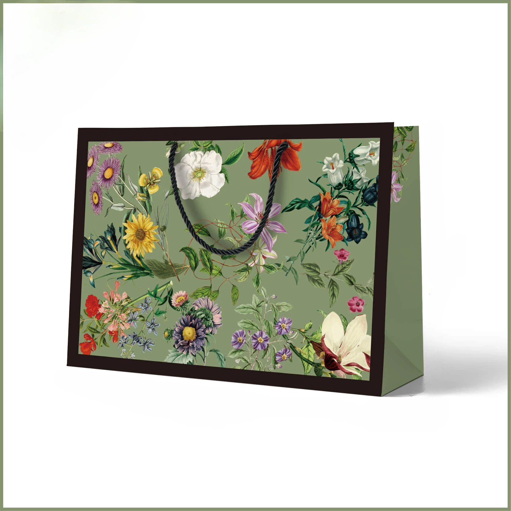 This wide horizontal special craft paper gift bag features elegant sage green background fully covered with vibrant vintage botanical floral illustration including sunflowers lilies magnolias daisies and wild green leaves. Dark brown border trim outlines the front panel for refined picture frame look. A black twisted rope handle is attached through metal eyelets for sturdy carrying. Thick rigid craft paper maintains the bag shape well when holding clothing shoes and gift sets. Smooth printing surface shows colorful artwork clearly without color distortion. You can customize bag dimensions floral artwork handle color border design and brand logo. It fits well for fashion apparel footwear cosmetics floral gift sets and boutique retail shopping packaging.