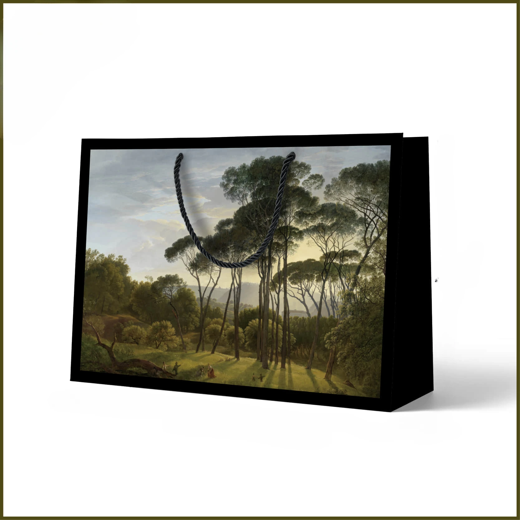 Special Craft Paper Bags adopt elegant horizontal layout with classic landscape oil painting print on front panel. Black frame border highlights the artwork just like a painting hung on wall. Black twisted rope handle passes through metal eyelets to ensure stable load bearing. Thick rigid craft paper keeps the bag shape upright without collapsing. The high definition printing fully restores delicate texture of the vintage scenery painting. We support custom bag size custom painting artwork handle style and brand logo printing. These art themed paper bags are great for museum souvenirs art gallery gifts luxury retail packaging and art exhibition gift sets.