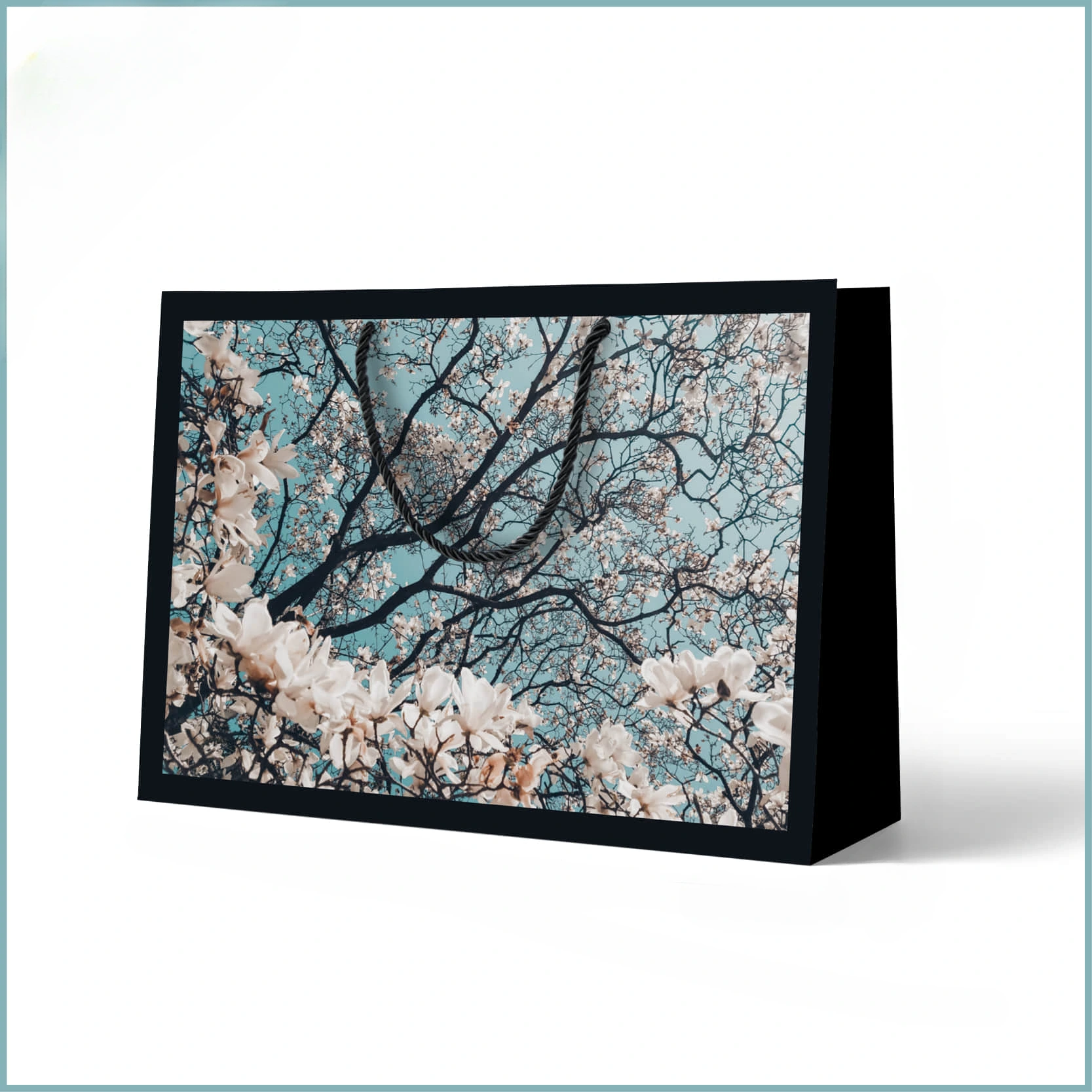 Special Craft Paper Bags feature stylish horizontal shape printed with beautiful magnolia blossom photography artwork. White blooming flowers and twisted branches set against soft light blue sky, framed with solid black border to highlight the floral picture. Black twisted rope handles are fitted with metal eyelets for solid connection and comfortable grip. Thick sturdy craft paper keeps the bag upright and holds shape well. High definition printing restores delicate flower texture and soft color tone. We offer custom size custom floral artwork handle color and brand logo printing service. These bags suit boutique shopping wedding favors birthday gifts cosmetic sets and premium festival gift packaging.