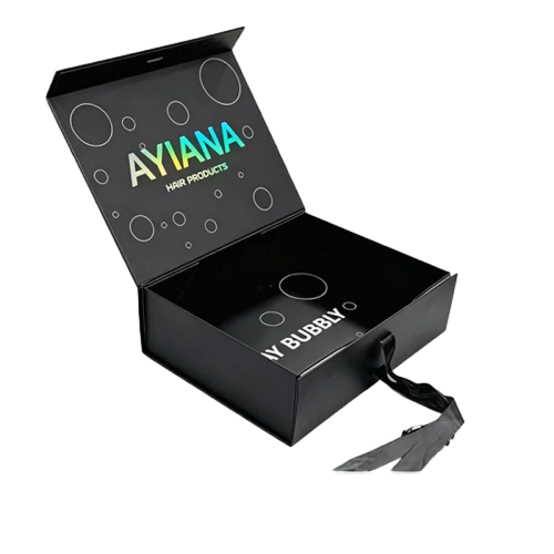 This premium black custom rigid magnetic box comes with glossy outer finish. The inner side of the lid is decorated with delicate hollow circle patterns and gradient holographic brand text. A soft black satin ribbon is attached as handle for easy carrying. Strong magnetic closure ensures secure and convenient opening and closing. Thick rigid board maintains the box shape perfectly and delivers high end unboxing experience. Full custom options are available including surface prints inner lining patterns colors logos and ribbon styles. It fits well for hair extensions hair care products beauty gifts and luxury brand retail packaging.
