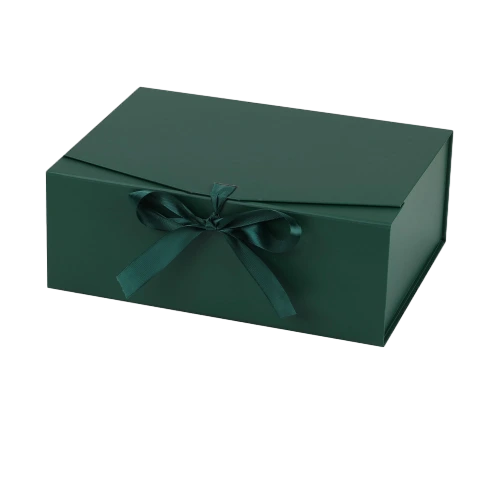 This elegant custom rigid magnetic gift box features smooth matte dark green surface. It comes with matching satin ribbon tied into a beautiful bow to lock the box closed. Built in magnet enables easy and firm closure every time. High quality thick rigid board keeps the box shape stable and delivers a premium unboxing feeling. You are allowed to customize printed logos surface colors inner lining and ribbon styles. It fits well for wedding favors holiday gifts cosmetic sets jewelry presents and high end brand retail packaging.