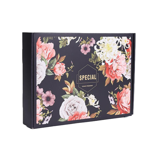 This decorative corrugated shipping mailer box features stunning vintage floral artwork printed on a deep black surface. The thick corrugated board offers strong protection for your goods during delivery. Hot stamped gold text adds an extra touch of luxury to elevate your gift presentation. The carton is made of eco friendly recyclable paper. Full customization on surface patterns colors and brand logos is available. It works perfectly for holiday gifts cosmetic products handmade items and retail shipments.