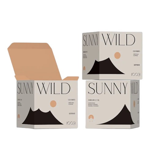 This modern tuck top custom cardboard box features clean minimalist landscape artwork printed on the outer surface. The soft neutral beige background matches black mountain shapes and warm circular sun graphic to create a calm natural visual style. The inner side of the box keeps original kraft paper texture. The foldable tuck end structure is easy to open and close for repeated use. Durable cardboard provides enough protection for coffee beans tea bags snacks and other dry food items. You can adjust graphic design background color printed text brand logo and outer dimensions of the box. It fits well for coffee packaging tea product boxes dried food containers beverage gifts and natural health product packaging.