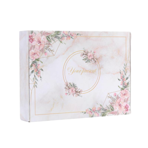 This elegant corrugated mailer box combines soft marble texture and delicate pink floral decorations. Golden frame and script text bring gentle luxurious feeling to your gift packing. Thick corrugated material provides reliable protection for items during transportation. The box is made of eco friendly recyclable paper. We support full customization of surface prints colors and brand logos. It is a wonderful packaging choice for wedding favors birthday gifts cosmetic goods and handmade retail products.