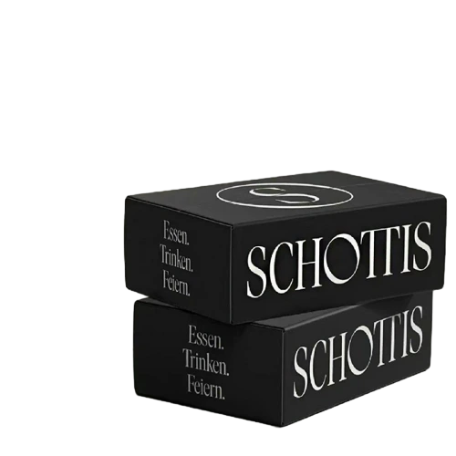 This sleek rectangular custom cardboard box comes with elegant matte black surface. Bold large white brand letter is printed on the front face while descriptive text is added on the side panel. Simple circular logo decoration can be placed on the top for extra brand recognition. Standard tucktop foldable structure allows easy assembly and flat storage when empty. High quality thick cardboard provides strong protection for inner goods. You can modify box size background color font style logo pattern and printed wording. It fits well for cosmetic items retail goods small accessory gifts business presents and brand souvenir packaging.