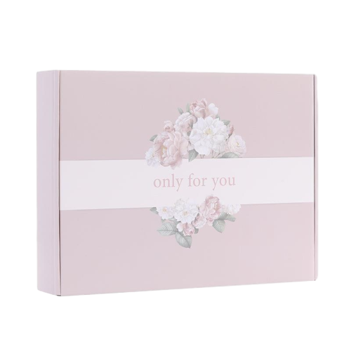 This delicate custom corrugated shipping mailer box adopts soft dusty pink base color matched with gentle watercolor peony floral artwork. The warm only for you text creates a sweet and thoughtful atmosphere for gift giving. Thick corrugated cardboard provides stable buffer protection for your products during delivery. The carton is crafted from eco friendly recyclable paper material. We offer full customization on surface patterns colors sizes and brand logos. It fits well for holiday presents wedding favors cosmetic items and handmade retail goods.