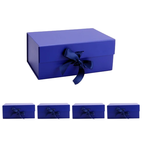 This eye catching custom rigid magnetic gift box is finished with smooth matte royal blue surface. It is matched with elegant navy satin ribbon tied into a delicate bow. Hidden magnet offers convenient and firm closure after opening. Thick high quality rigid board maintains the perfect box shape and brings a premium unboxing feeling. Full customization is supported for brand logos surface patterns inner lining colors ribbon styles and box sizes. It fits well for holiday gifts wedding favors cosmetic sets anniversary presents and high end brand retail packaging.