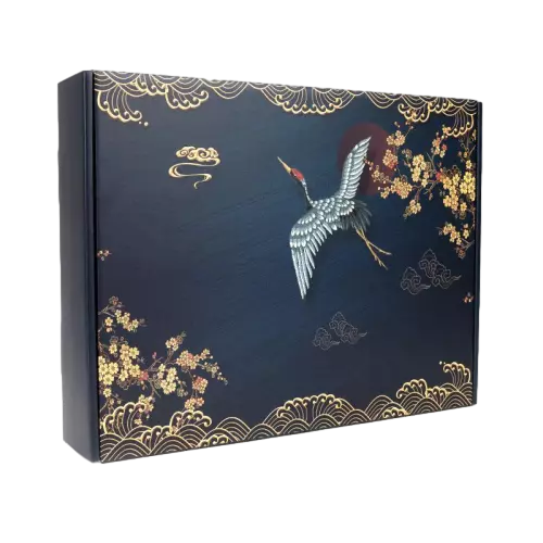 This luxury custom corrugated mailer box features stunning traditional oriental artwork with flying red crowned crane golden wave borders plum blossom branches and delicate cloud patterns on deep navy background. Thick corrugated cardboard provides reliable shock absorption and item protection throughout shipping. The box is made of eco friendly recyclable paper material. Full customization of prints colors sizes and brand logos is supported. It is an excellent packaging option for festival gifts premium souvenir goods tea products and high end retail shipments.