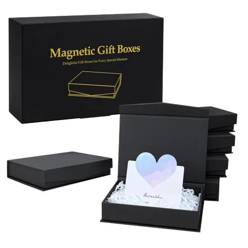 This premium matte black custom rigid magnetic box features smooth black outer and inner surfaces. Gold foil text and simple line graphic can be printed on the front cover for elegant branding effect. The spacious inner compartment can hold shredded paper filler greeting cards jewelry cosmetics and other gift items. Hidden magnetic strip delivers secure and easy closure. Thick rigid cardboard keeps the box sturdy and holds its shape after repeated use. Full customization options are available including logo printing surface designs lining colors and different box sizes. It fits well for anniversary gifts wedding favors birthday hampers cosmetic sets and luxury brand retail packaging.