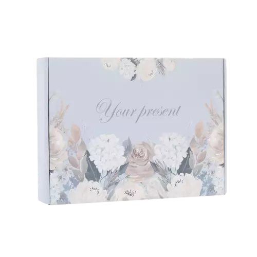 This delicate custom corrugated shipping mailer box comes with a soft light blue background decorated by gentle watercolor hydrangea and rose flowers. The elegant your present script text brings warm romantic feeling to your gift. Thick corrugated cardboard provides stable buffer protection for your products during delivery. The carton is crafted from eco friendly recyclable paper material. We offer full customization on surface prints colors sizes and brand logos. It fits well for wedding favors birthday presents cosmetic goods and handmade retail items.