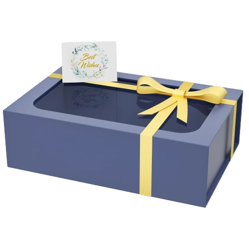 This stylish custom rigid magnetic gift box is made with smooth dusty blue outer surface. A clear transparent PVC window is designed on the top lid to show inner products directly. Bright yellow satin ribbon wraps around the whole box and is tied into a beautiful bow. Hidden magnet ensures stable closure after opening. Thick rigid cardboard provides great structural support and premium touch. You can customize logo printing window size ribbon styles box colors and inner decorations. It fits well for bakery gifts candle sets cosmetics handmade presents and holiday celebration packaging.