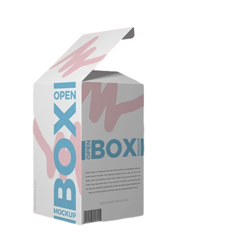 This tall upright custom cardboard box features a clean white background decorated with soft pink abstract brush stroke graphics. Large bold blue text elements are printed on multiple sides to create a striking modern visual effect. It adopts standard tuck top opening structure and can be delivered in flat status to cut down shipping expenses. Durable thick cardboard offers solid protection for items inside. You can customize abstract patterns text content color scheme barcode layout and box height. It fits well for beverage containers snack goods cosmetic sets health supplements and various daily consumer product packaging.