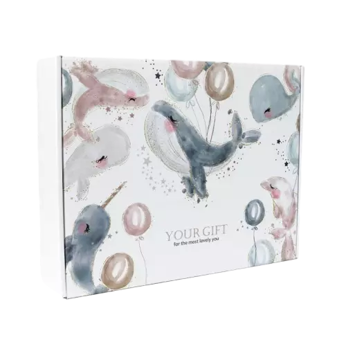 This fun custom corrugated shipping mailer box is printed with adorable watercolor marine animals including whales narwhals and dolphins paired with soft balloons and tiny star decorations. The warm your gift text adds sweet feelings for gift receivers. Thick corrugated cardboard provides stable buffer protection for your products during delivery. The carton is crafted from eco friendly recyclable paper material. We offer full customization on surface prints colors sizes and brand logos. It fits well for baby shower gifts children birthday presents kid toy goods and handmade retail items.