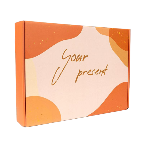 This trendy custom corrugated shipping mailer box features fashionable warm orange and cream color block design with scattered gold speckle details. The artistic handwritten your present text brings modern stylish charm to gift packing. Thick corrugated cardboard provides stable buffer protection for your products during delivery. The carton is crafted from eco friendly recyclable paper material. We offer full customization on surface prints colors sizes and brand logos. It fits well for seasonal presents birthday gifts cosmetic goods and handmade retail items.