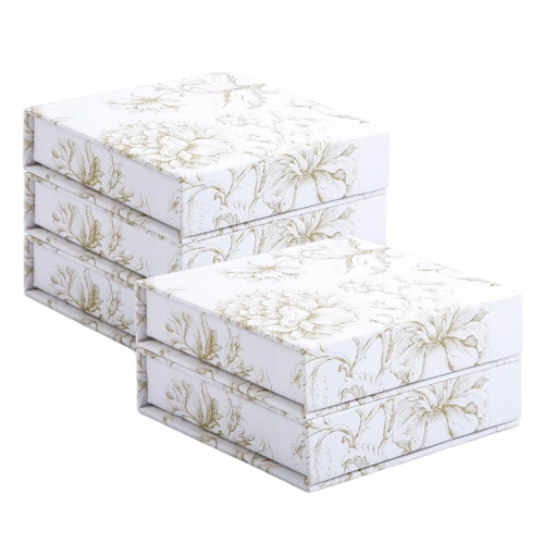 This elegant custom rigid magnetic gift box is decorated with delicate gold line drawn floral patterns all over the white surface. The classic white and gold combination creates a sophisticated and gentle visual effect. Hidden magnetic strip allows smooth opening and reliable closure. Thick sturdy rigid board maintains the box shape perfectly for long term repeated use. You can customize brand logos printed artwork inner lining colors and outer dimensions. It fits well for jewelry gifts wedding favors cosmetic samples anniversary presents and high end boutique retail packaging.