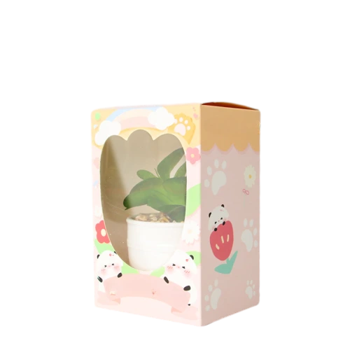 This lovely tall custom cardboard box is designed with a special heart shaped clear window on the front side so customers can view inner items directly. The outer surface is fully printed with sweet cartoon panda strawberry flower cloud and paw print patterns in soft pink tone. Top edge adopts scalloped decorative design for extra cute appearance. Durable cardboard structure keeps the box stable to hold small potted plants succulents and handmade gifts. You can adjust window shape cartoon artwork background color and add your own brand logo. It fits well for small potted plant gifts succulent packaging handmade crafts kids presents and cute souvenir packaging.