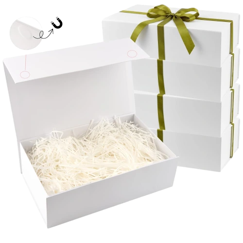 This minimalist custom rigid magnetic gift box comes with smooth matte white surface without extra printing. You can tie an elegant olive green satin ribbon around the box and form a beautiful bow. White shredded paper filler can be placed inside to cushion and decorate your gifts. Hidden magnet provides strong stable closure and easy repeated opening. Thick rigid cardboard keeps the box well shaped and delivers clean premium unboxing experience. Full customization service is available including logo printing surface artwork inner lining colors ribbon styles and box sizes. It fits well for wedding favors holiday gifts cosmetic sets anniversary presents and luxury brand retail packaging.